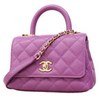 Chanel Handbag Quilted Coco Handle Caviar Leather Purple Gold 2-Way