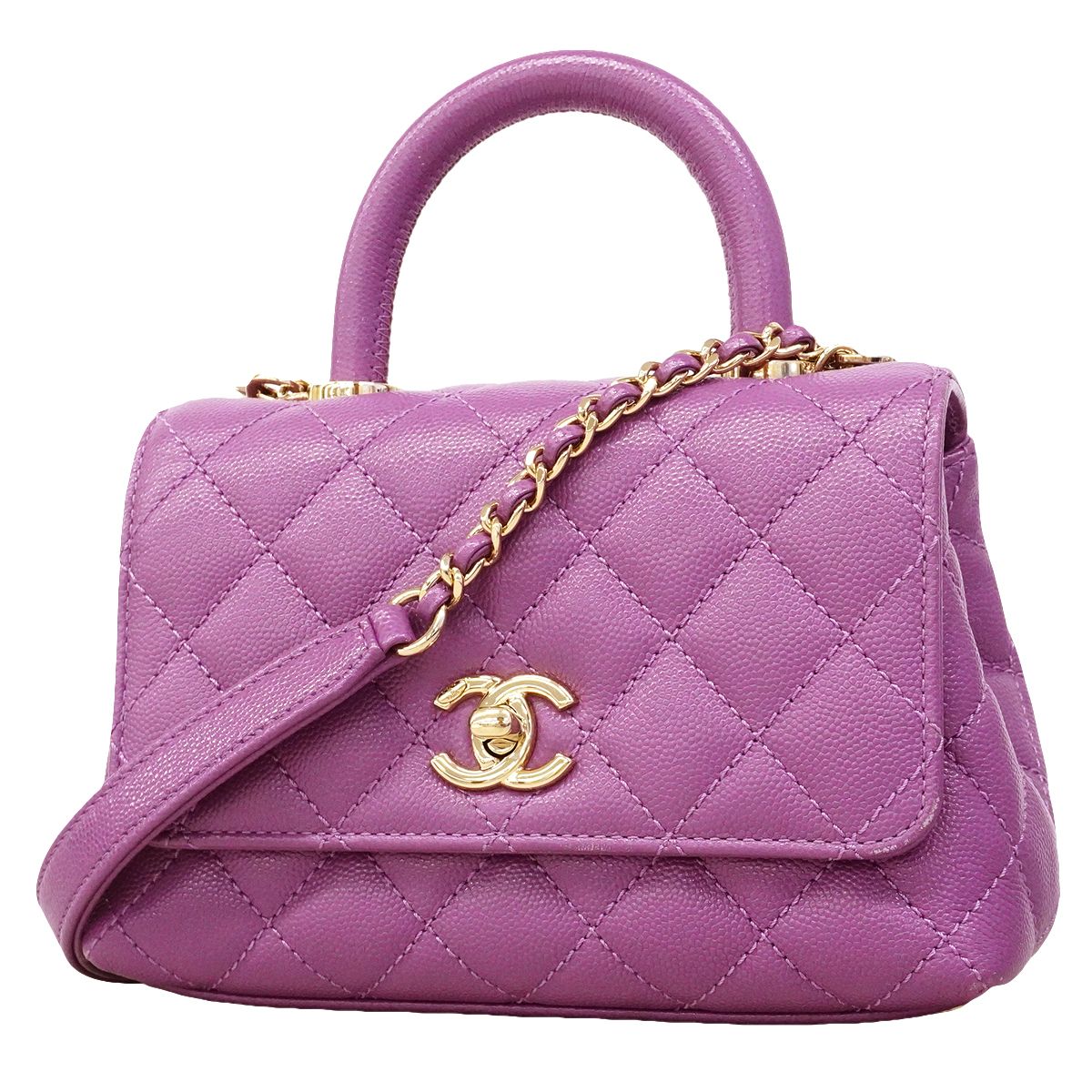 Chanel Handbag Quilted Coco Handle Caviar Leather Purple Gold 2-Way