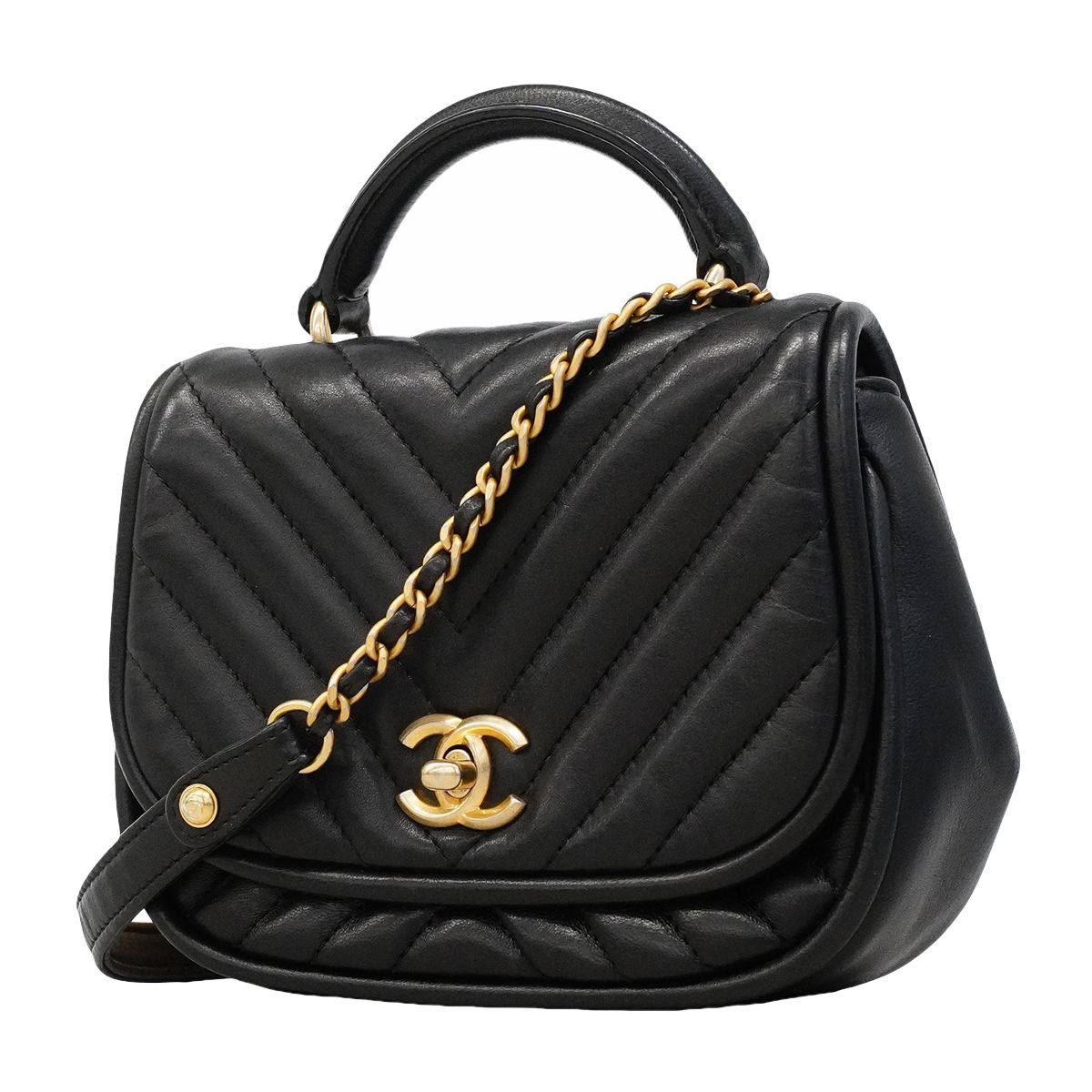 Chanel Handbag Stitch Lambskin Black Champagne Gold 2-Way