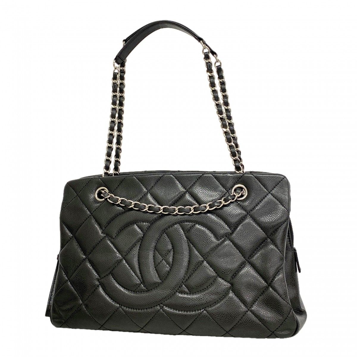 Chanel Shoulder Bag Quilted Caviar Leather Black Silver