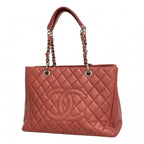 Chanel Chain Tote Quilted Caviar Leather Red Silver