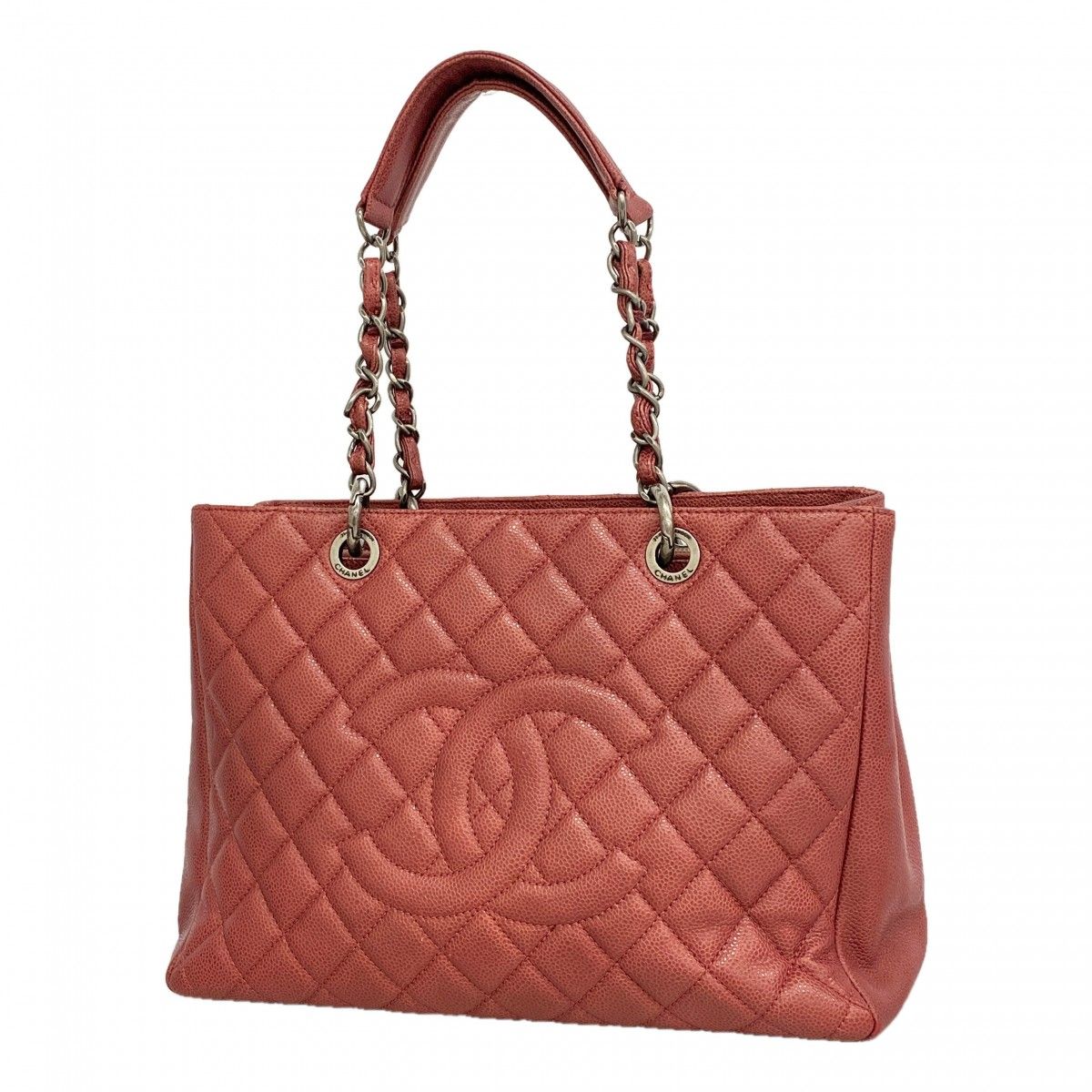 Chanel Chain Tote Quilted Caviar Leather Red Silver