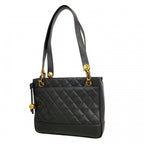 Chanel Shoulder Bag Quilted Caviar Leather Black Gold