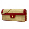 Chanel Shoulder Bag Chocolate Bar Lambskin Patent Beige Red Gold