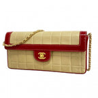 Chanel Shoulder Bag Chocolate Bar Lambskin Patent Beige Red Gold