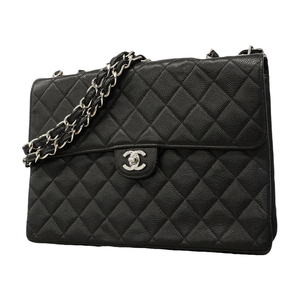 Chanel Shoulder Bag Maxi Quilted Caviar Leather Black Silver