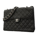Chanel Shoulder Bag Maxi Quilted Caviar Leather Black Silver
