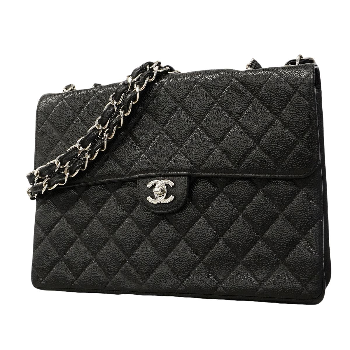 Chanel Shoulder Bag Maxi Quilted Caviar Leather Black Silver