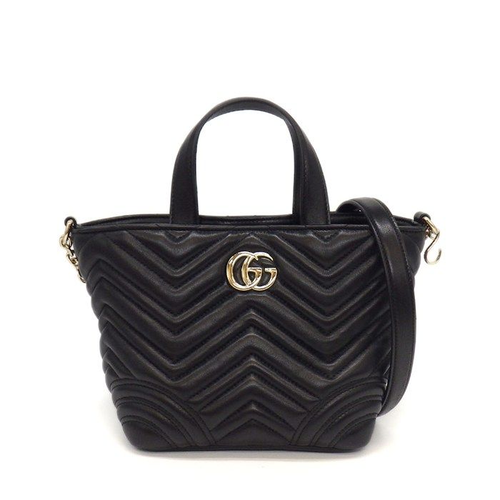 Gucci Shoulder Bag GG Marmont Small Tote Black Lambskin Leather Gold
