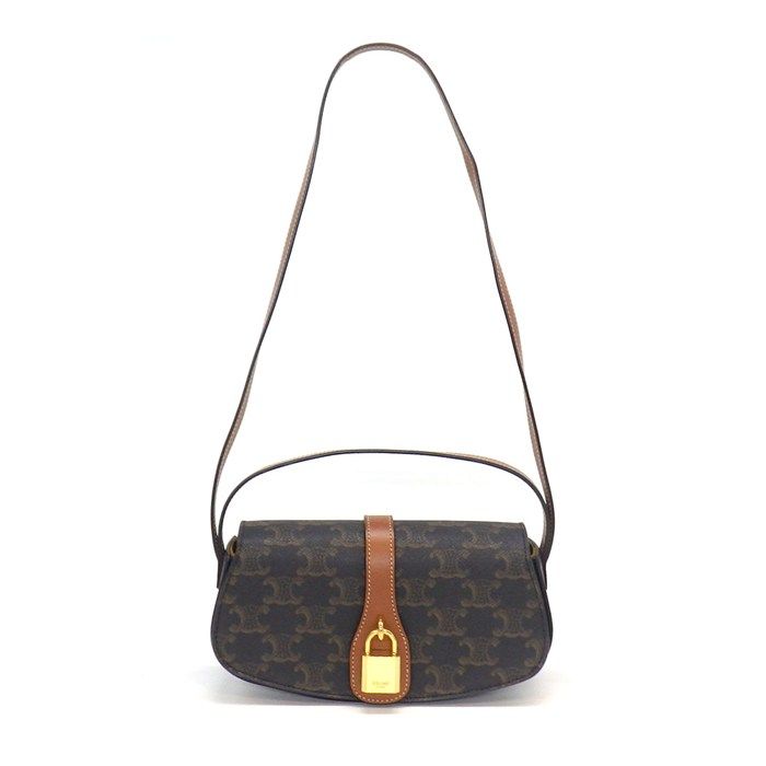 Celine Shoulder Bag Clutch Tab Tan Triomphe Canvas Calfskin Gold