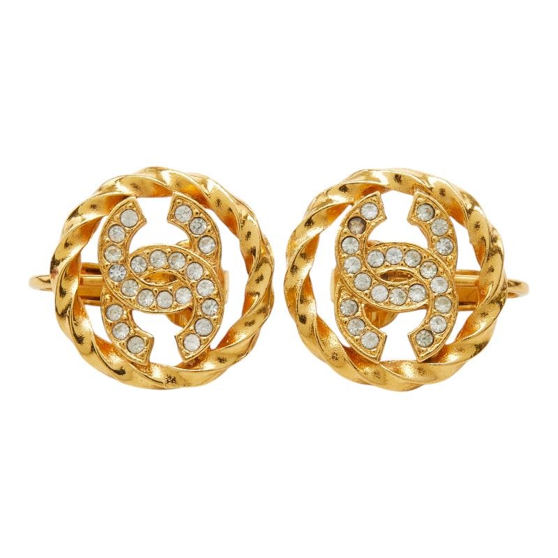 Chanel CC Logo Earrings Gold Plated Rhinestone