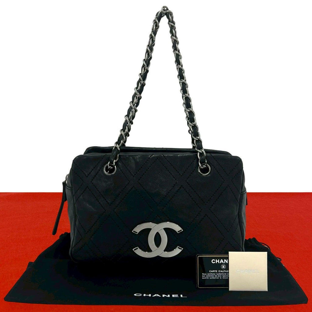 Chanel Card CC Logo Calf Leather Shoulder Bag Tote Black