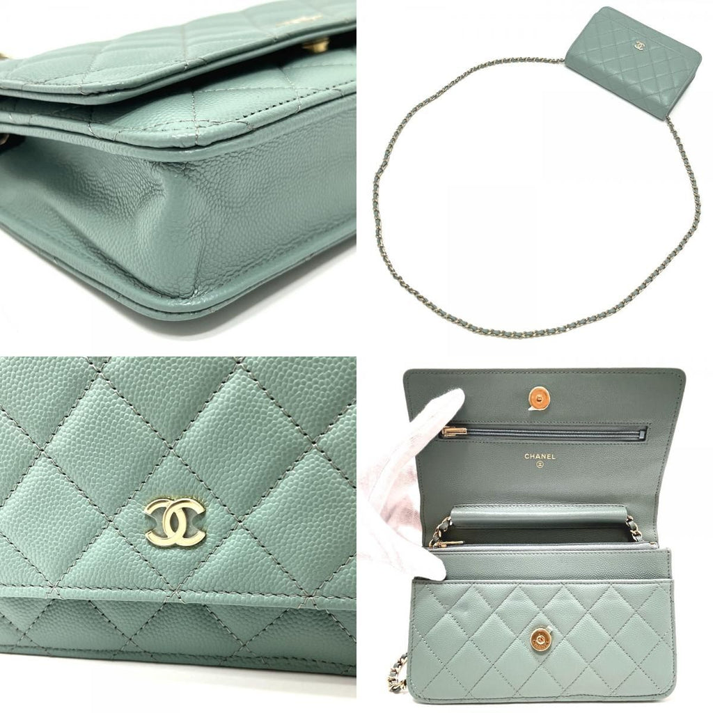 Chanel Shoulder Bag CC Logo Classic Caviar Leather Blue Gray — view 7