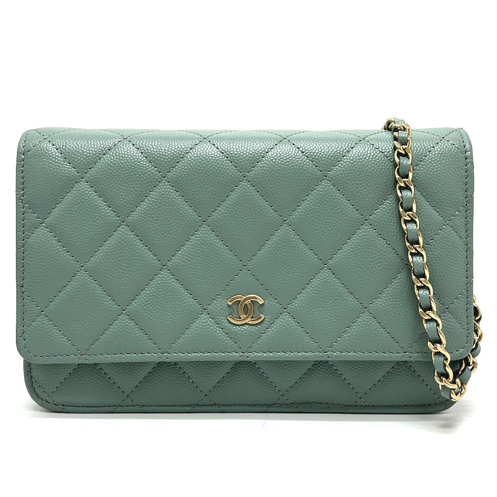 Chanel Shoulder Bag CC Logo Classic Caviar Leather Blue Gray