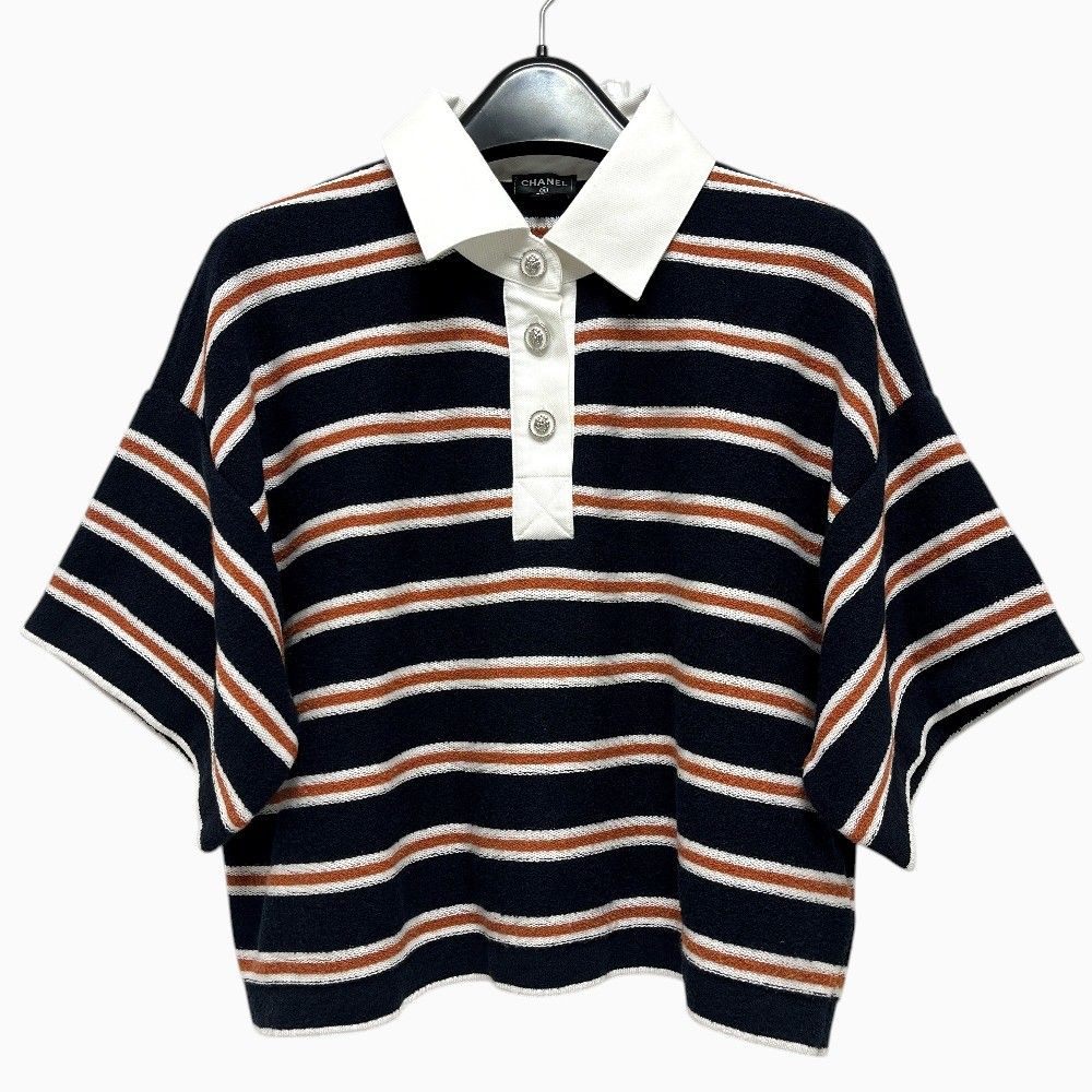Chanel Polo Shirt Border Lion Button Cotton Black
