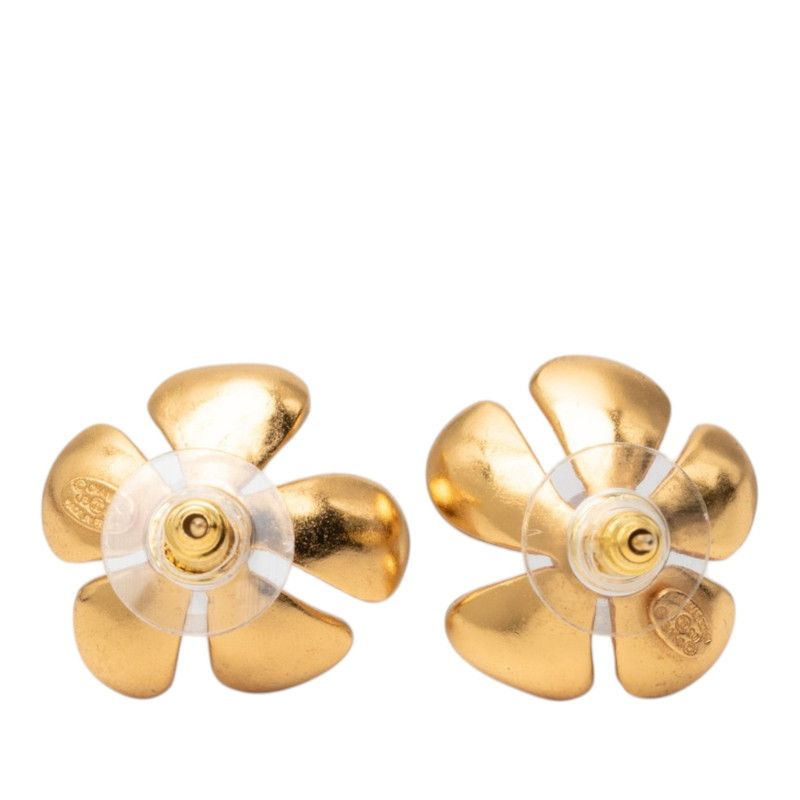 Chanel CC Logo Flower Motif Stud Earrings Gold Plated Faux Pearl
