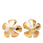 Chanel CC Logo Flower Motif Stud Earrings Gold Plated Faux Pearl