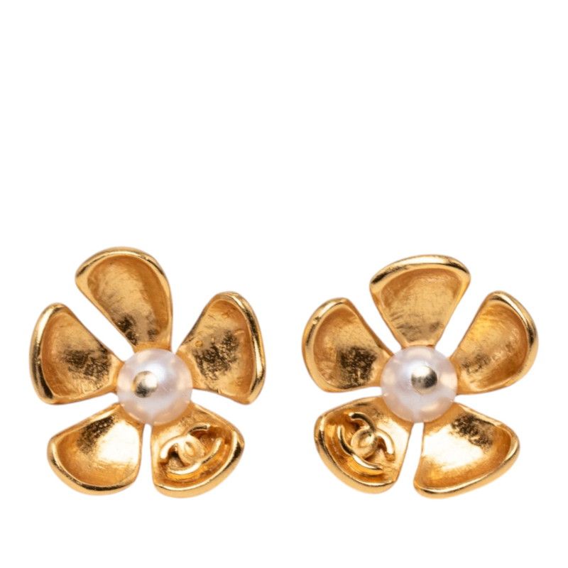 Chanel CC Logo Flower Motif Stud Earrings Gold Plated Faux Pearl — view 2