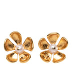 Chanel CC Logo Flower Motif Stud Earrings Gold Plated Faux Pearl — view 2