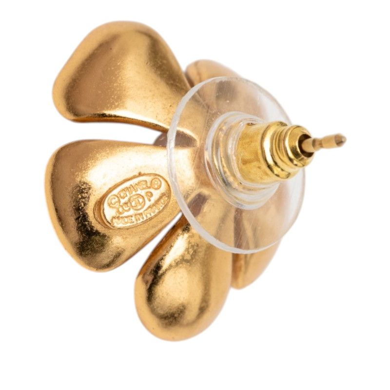 Chanel CC Logo Flower Motif Stud Earrings Gold Plated Faux Pearl — view 3
