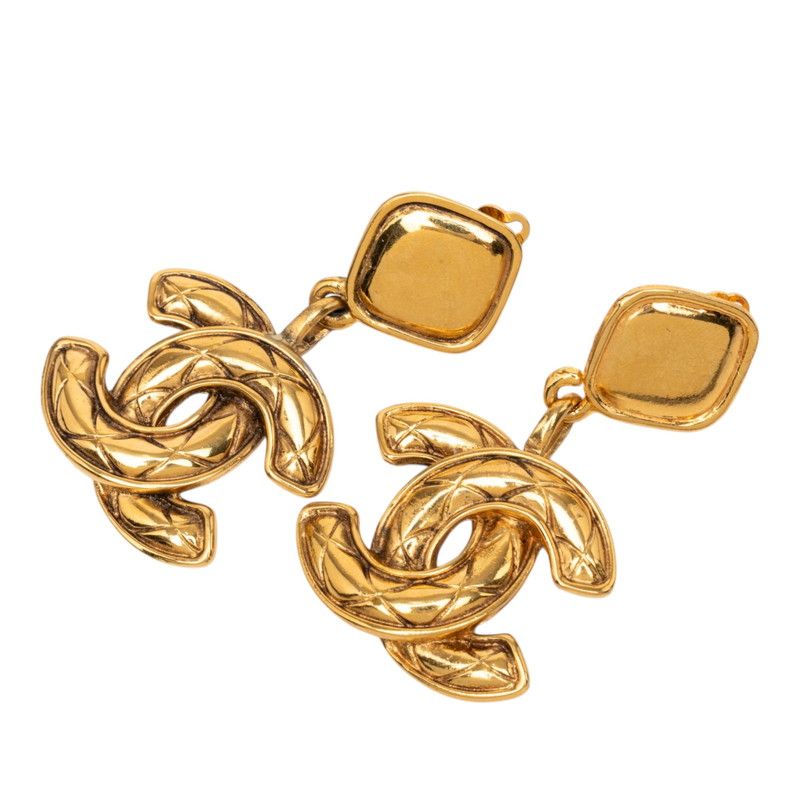Chanel Vintage Quilted CC Logo Earrings Gold Plated