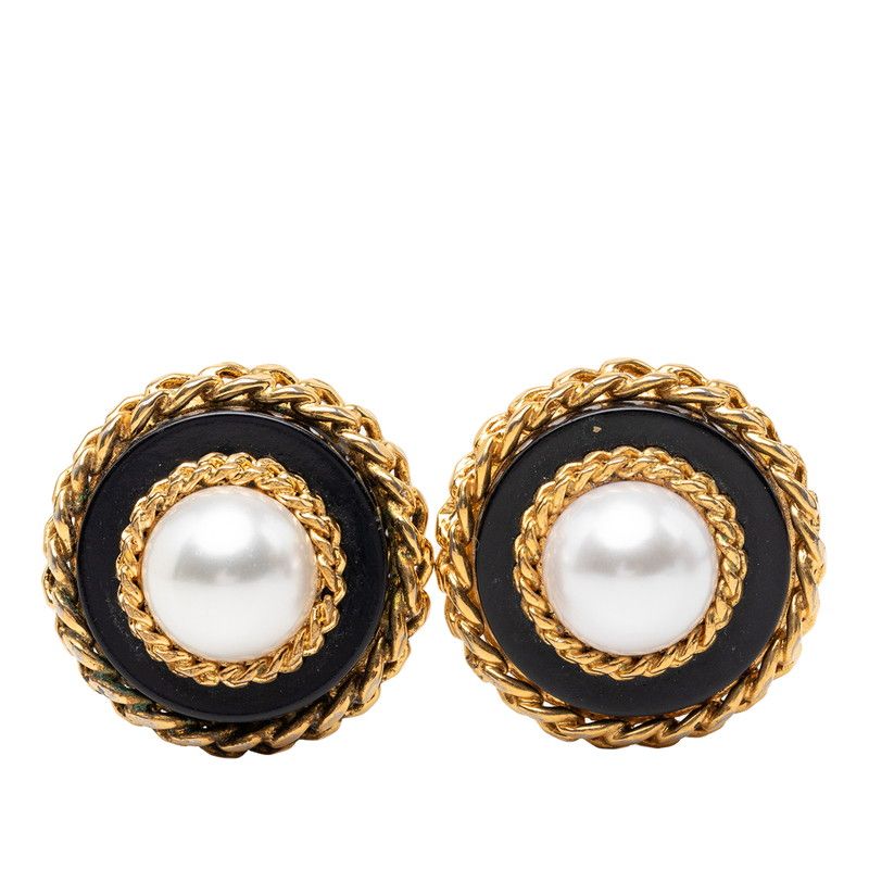 Chanel Vintage Chain Earrings Gold Black Plated Faux Pearl