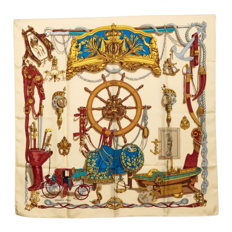 Hermes Carre 90 Musee Museum Scarf Beige Silk