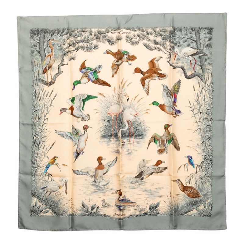 Hermes Carre 90 Halte en Camargue Rest in the Scarf Gray Ivory Silk