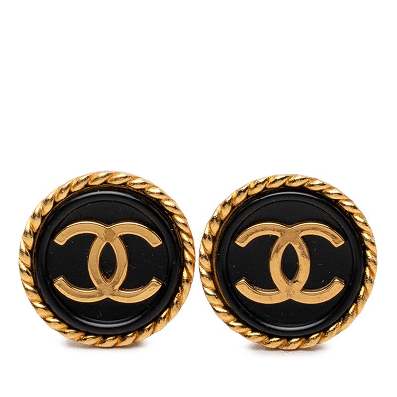 Chanel Vintage CC Logo Earrings Gold Black Plated