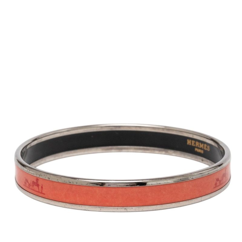 Hermes Enamel PM Cloisonne Bangle Silver Orange Metal Bracelet — view 2