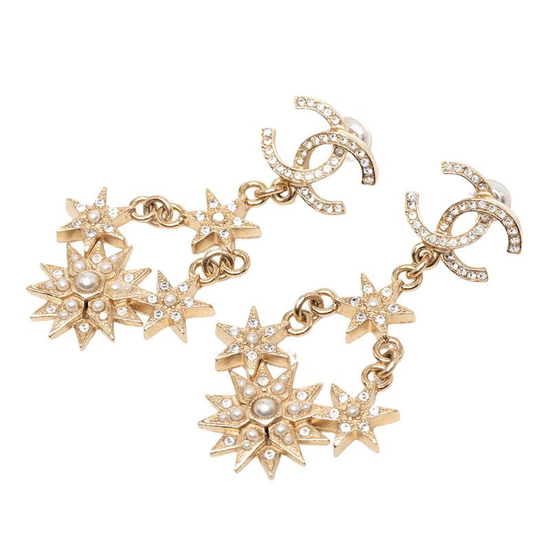 Chanel CC Logo Stud Earrings Swing Star Gold Plated Rhinestone Faux Pearl