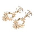 Chanel CC Logo Stud Earrings Swing Star Gold Plated Rhinestone Faux Pearl