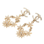 Chanel CC Logo Stud Earrings Swing Star Gold Plated Rhinestone Faux Pearl