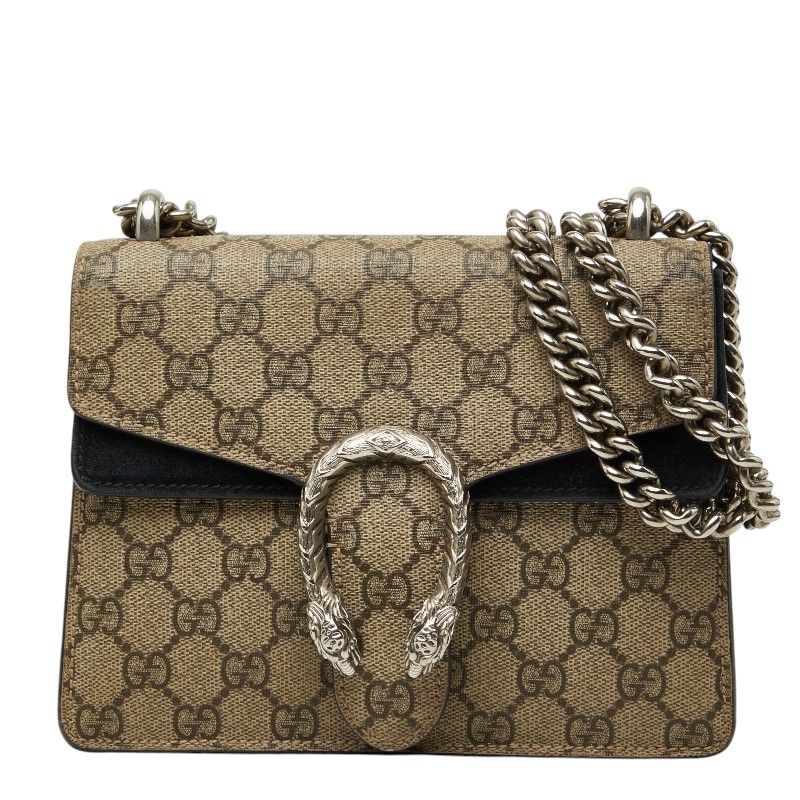 Gucci GG Supreme Dionysus Chain Shoulder Bag Beige Black Suede Leather