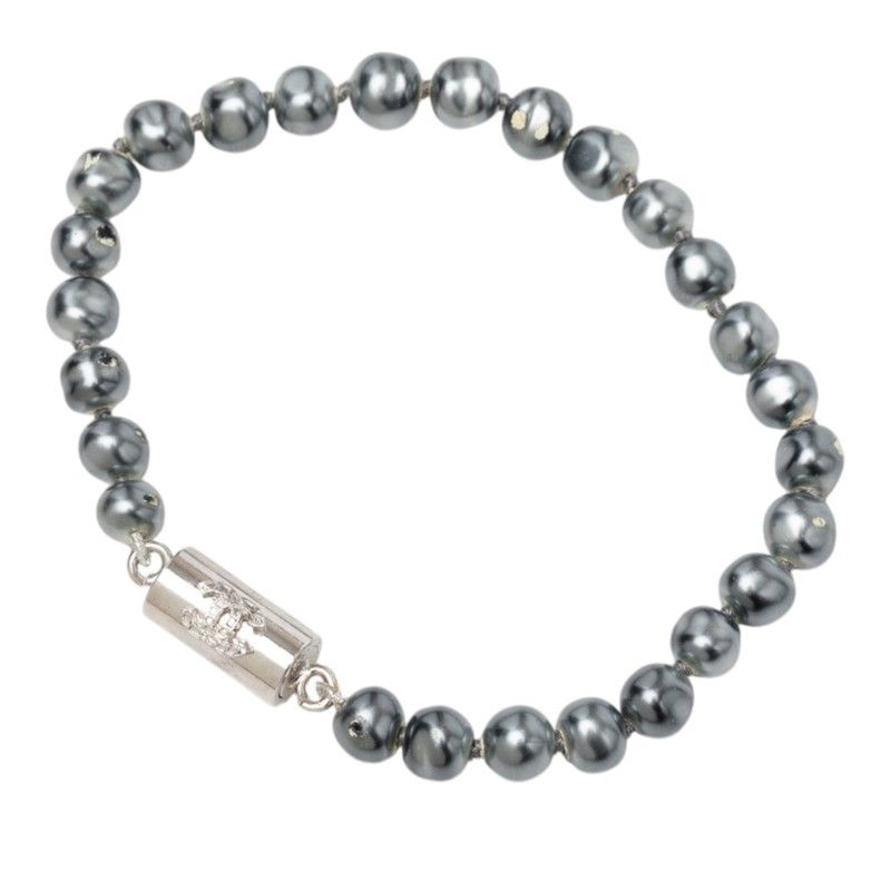 Chanel CC Logo Bracelet Silver Faux Pearl Metal — view 3