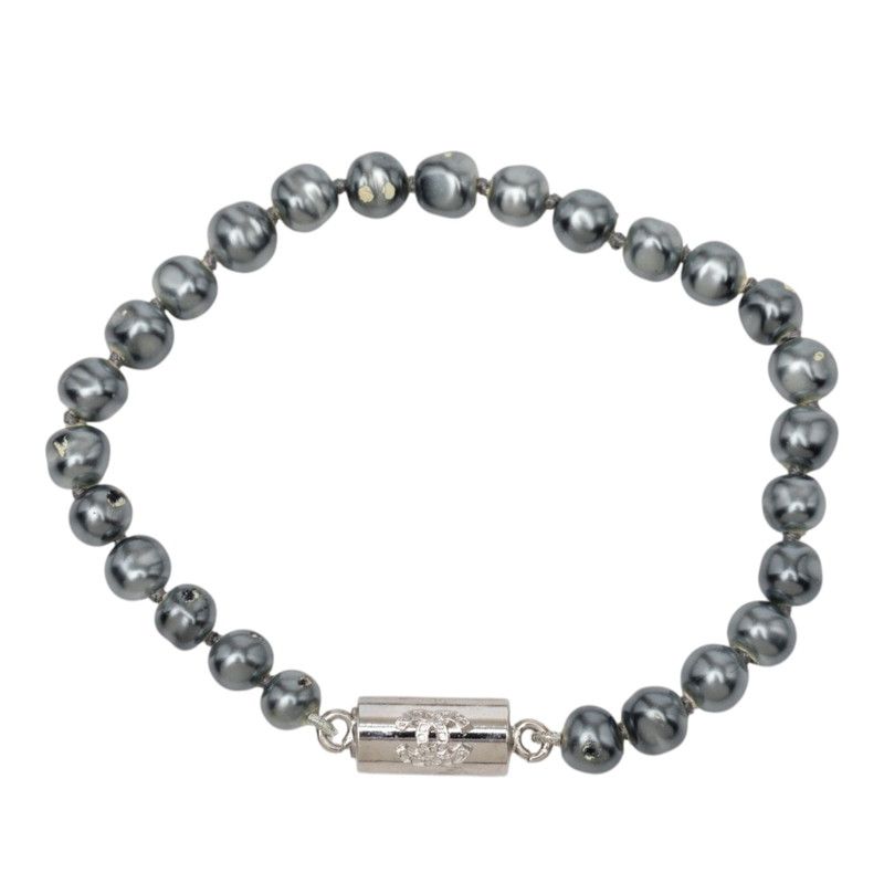 Chanel CC Logo Bracelet Silver Faux Pearl Metal — view 2