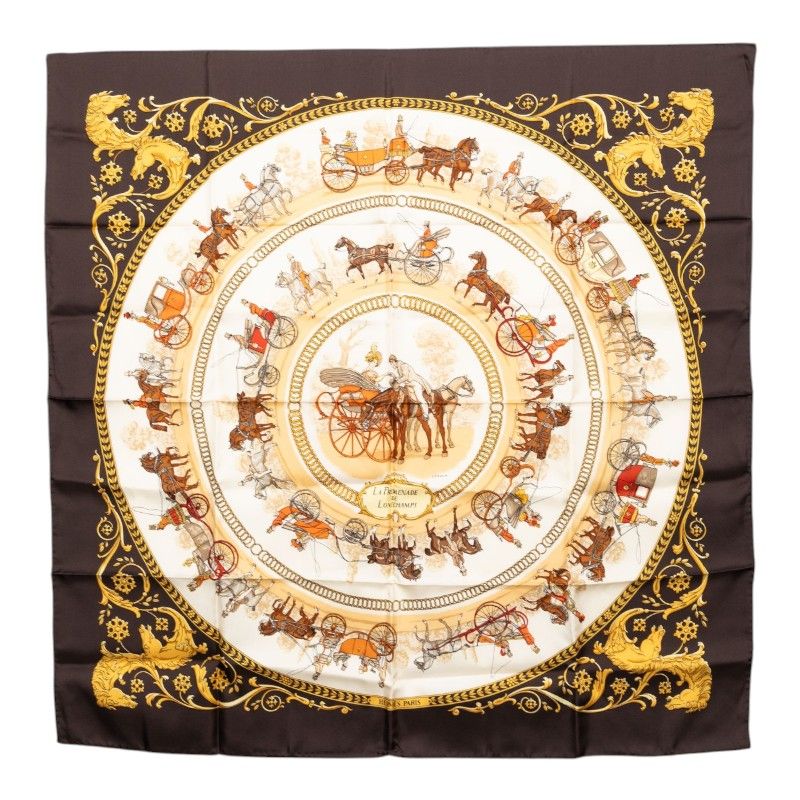 Hermes Carre 90 la Promenade de Longchamps Walk to Long Chien Scarf Brown