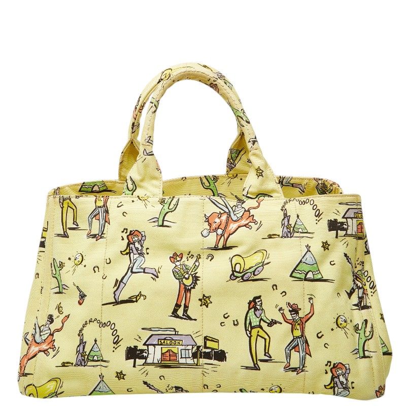 Prada Canapa Large Tote Print Yellow Multicolor Canvas