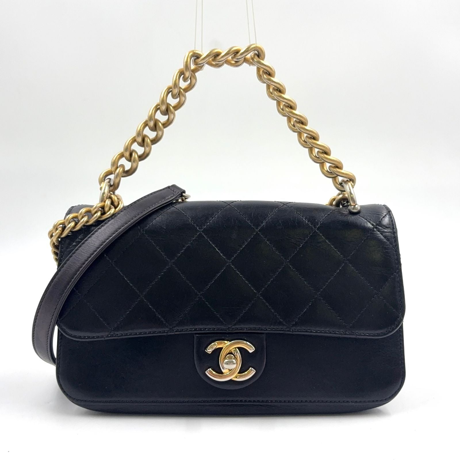 Chanel Quilted Small Flap 2-Way Calfskin Black Chain Shoulder Bag Gold