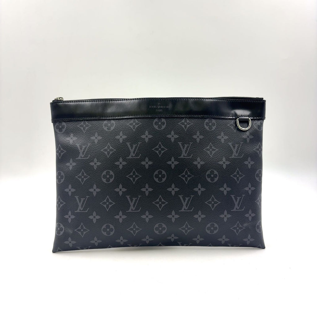 Louis Vuitton Pochette Discovery Monogram Eclipse Leather Black Clutch Silver