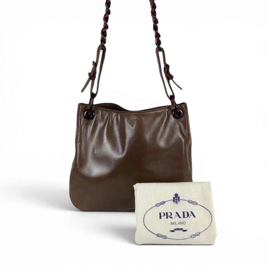 Prada Plastics Chain Hobo Leather Plastic Shoulder Bag Nappa Brown