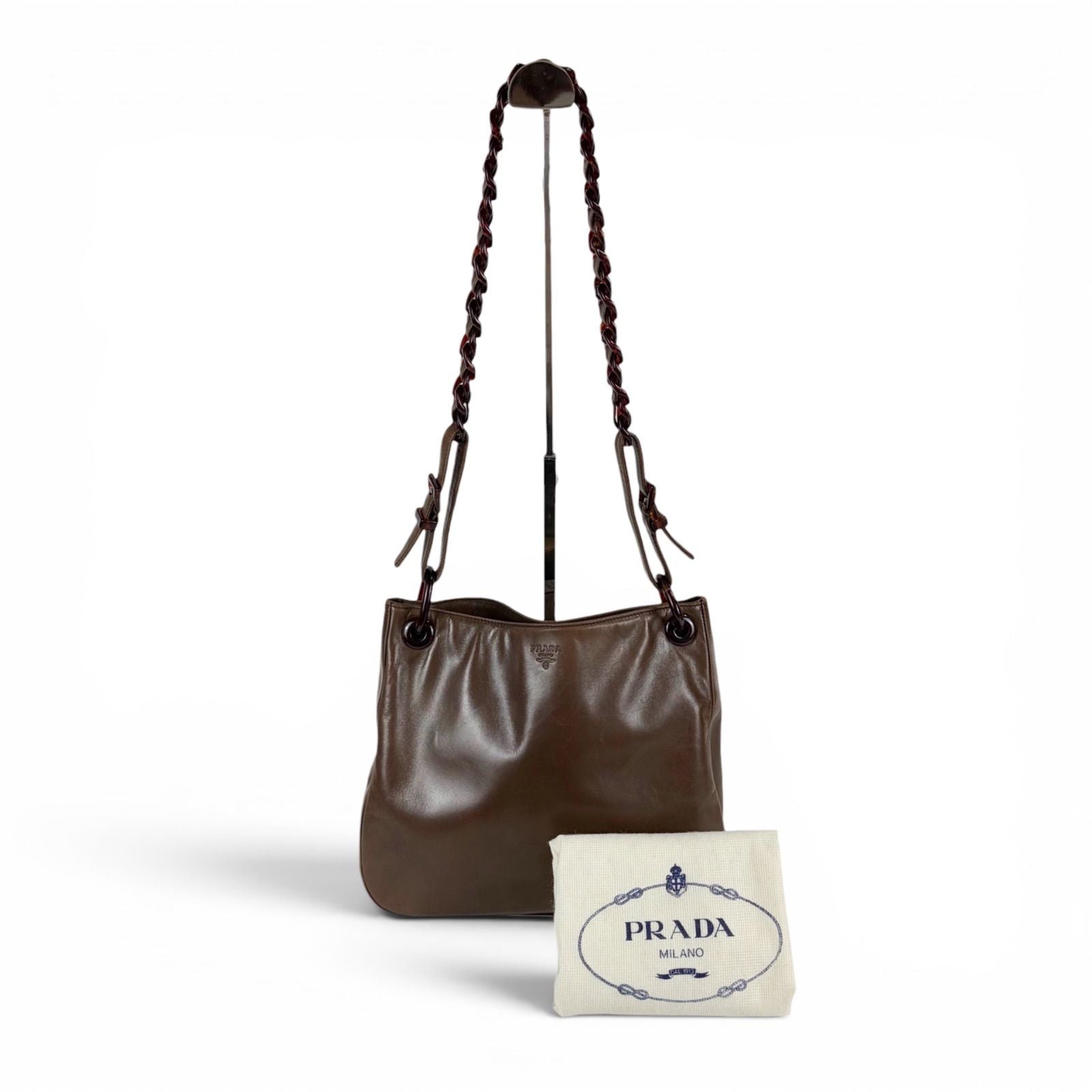 Prada Plastics Chain Hobo Leather Plastic Shoulder Bag Nappa Brown — view 2