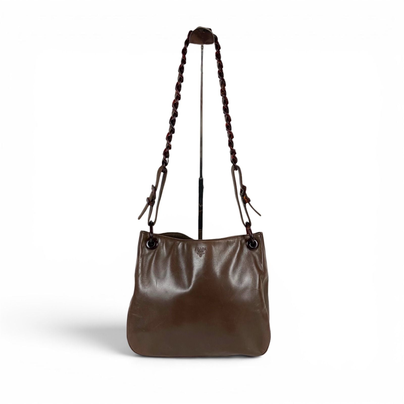 Prada Plastics Chain Hobo Leather Plastic Shoulder Bag Nappa Brown — view 3
