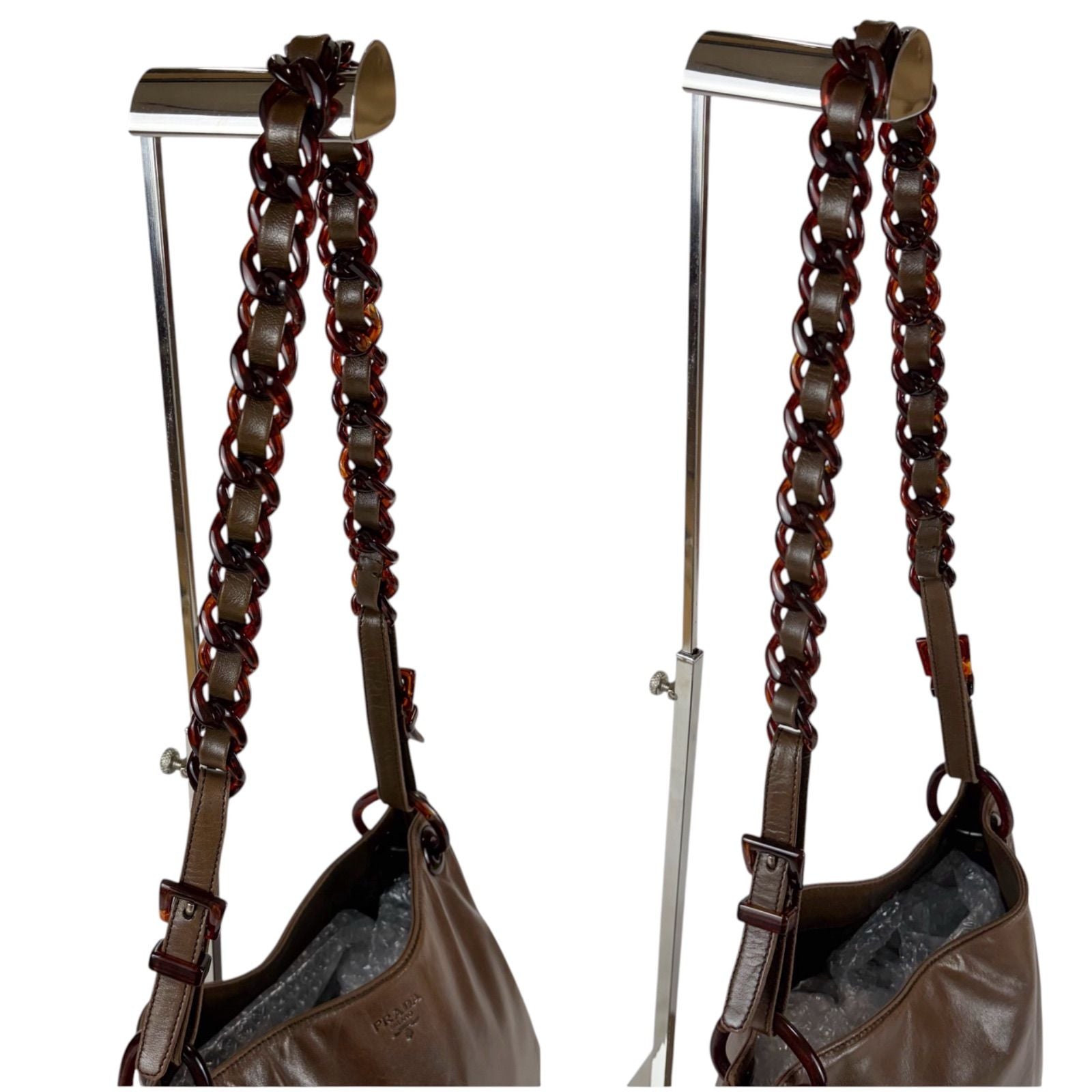 Prada Plastics Chain Hobo Leather Plastic Shoulder Bag Nappa Brown — view 8