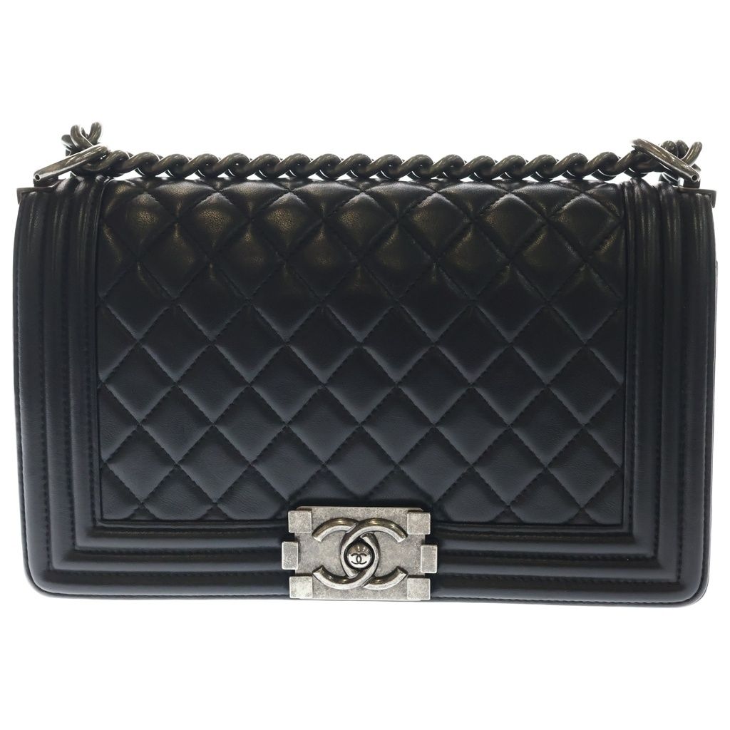 Chanel Boy 25 Lambskin Leather Chain Shoulder Bag Silver Black Stand