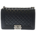 Chanel Boy 25 Lambskin Leather Chain Shoulder Bag Silver Black Stand