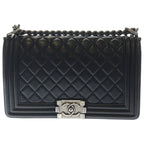 Chanel Boy 25 Lambskin Leather Chain Shoulder Bag Silver Black Stand