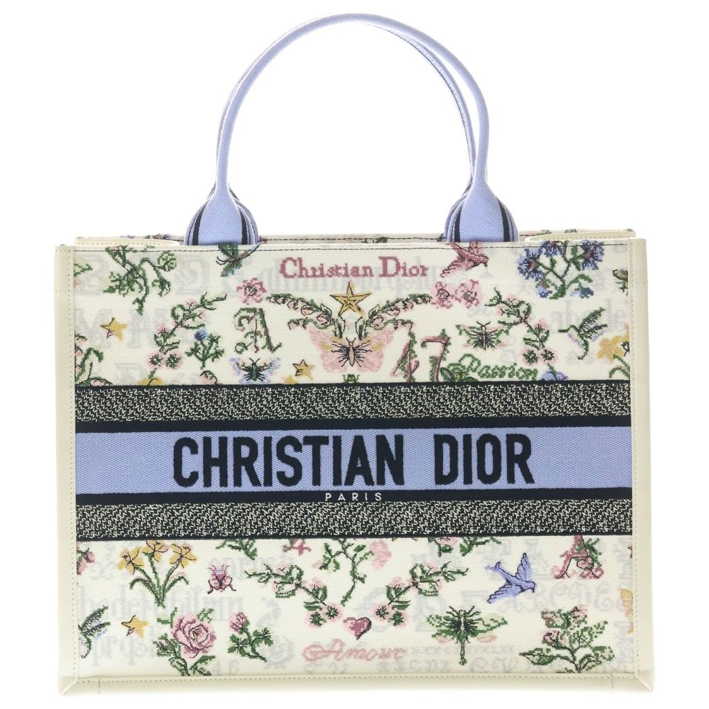 Dior Book Tote 2-Way Shoulder Bag White Lightblue Leather Canvas