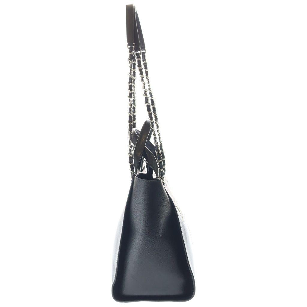 Chanel Deauville MM Chain Tote Shoulder Bag Black Caviar Leather Silver — view 3