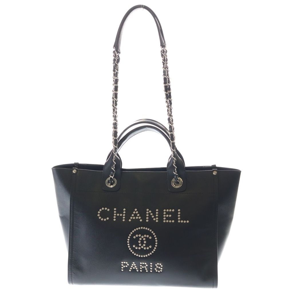 Chanel Deauville MM Chain Tote Shoulder Bag Black Caviar Leather Silver